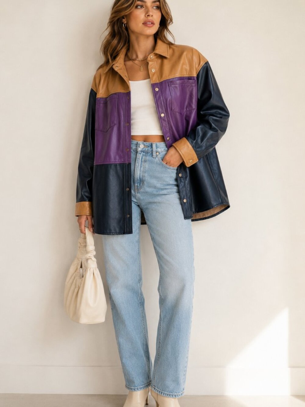 NWT Badgley Mischka Color-Block Vegan Leather Shacket Camel Navy Purple Medium